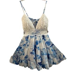 CHICWAYS DRESS, Size L, White & Blue V-Neck Y2K Babydoll Tiered Flowy Dress, NEW